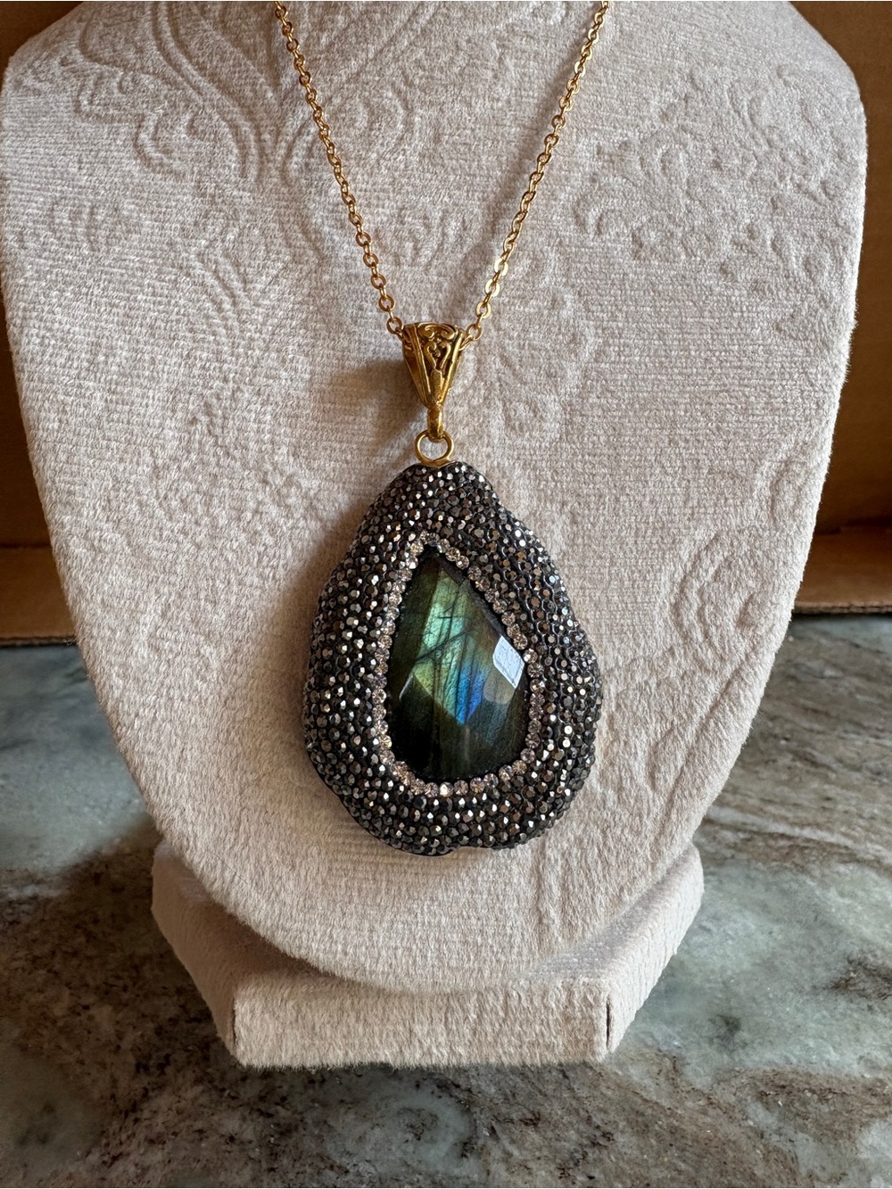 22KT Gold-plated Labradorite Teardrop with Marcasite surround Pendant Necklace